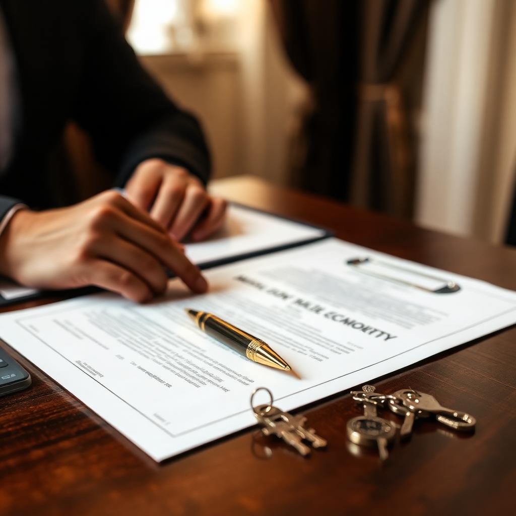 Mortgage documents and keys on a closing table